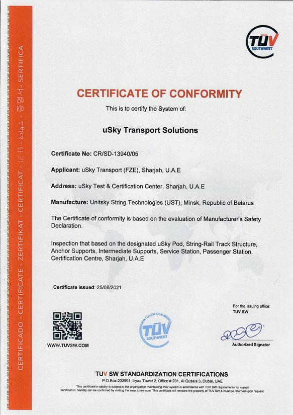 TUV SW Certificate of Conformity