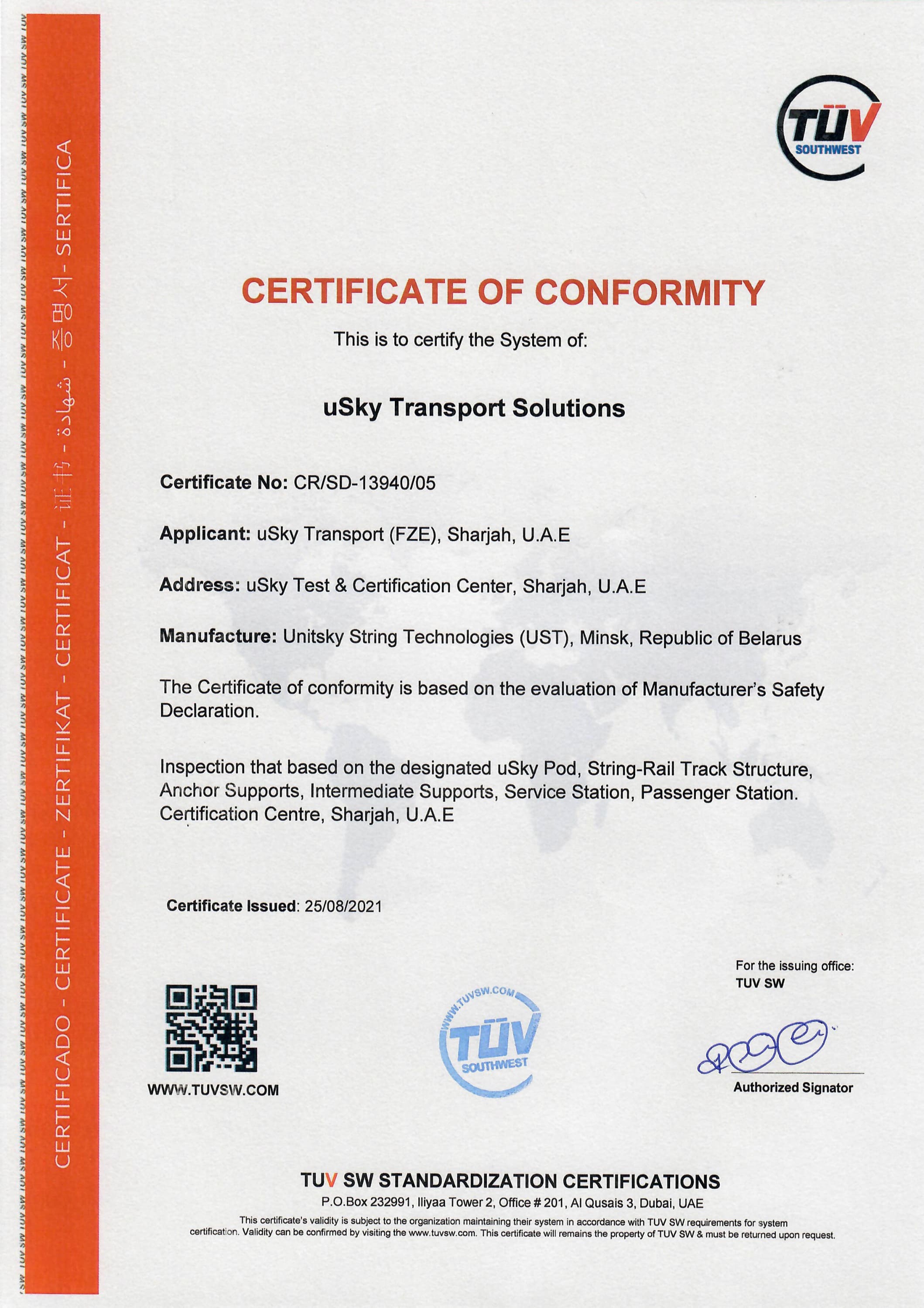 TUV SW Certificate of Conformity