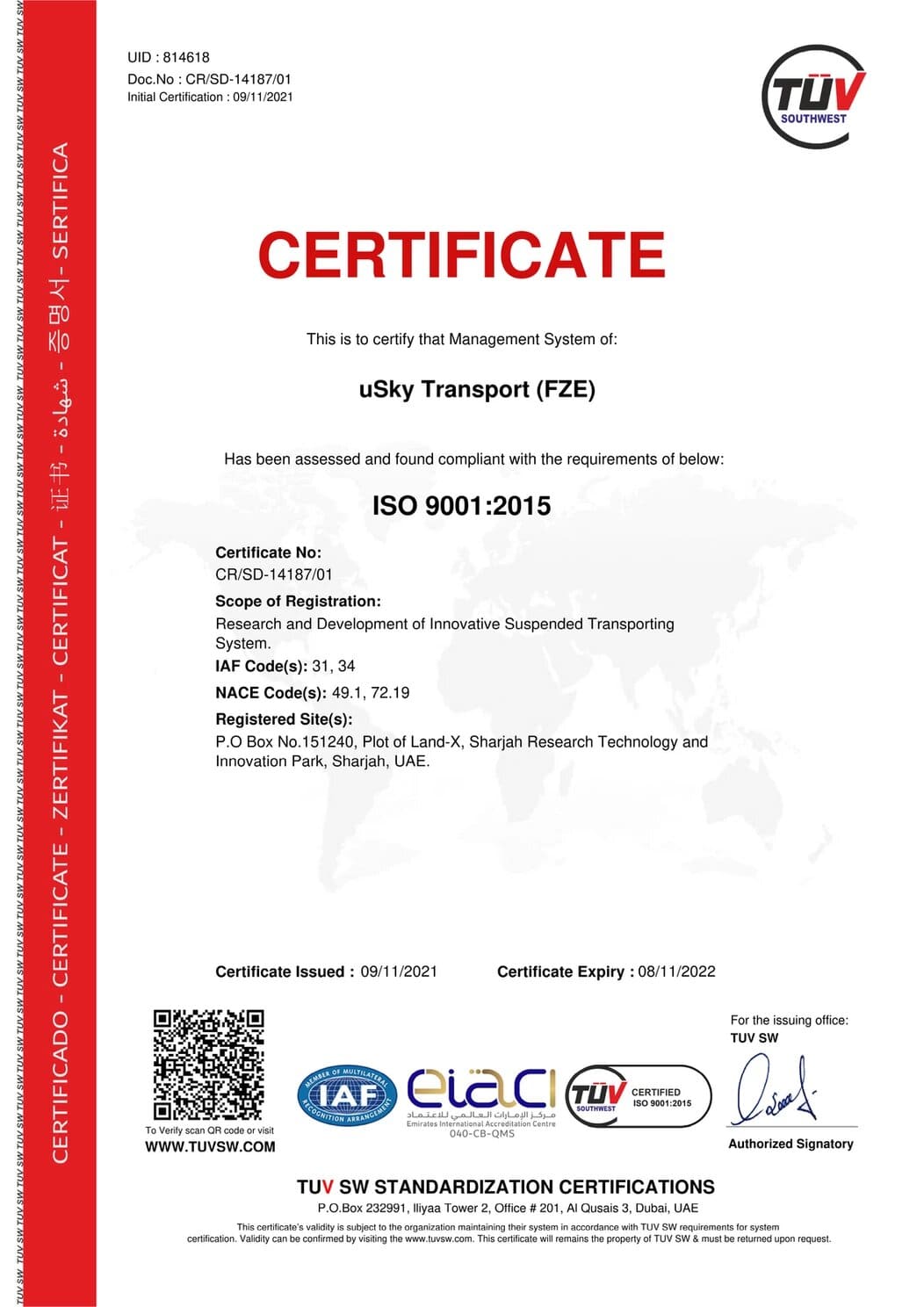 Quality management certificate ISO 9001 2015 issued to uSky Transport